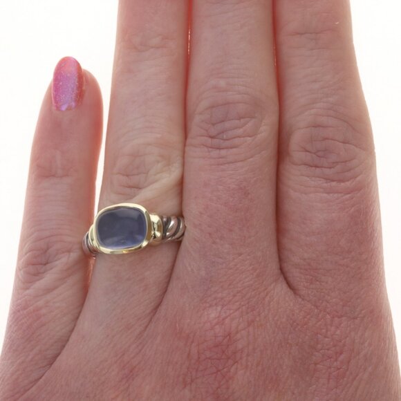 David Yurman Noblesse Blue Chalcedony Solitaire Ring Sterling 925 YellowGold 18k - Picture 2 of 6